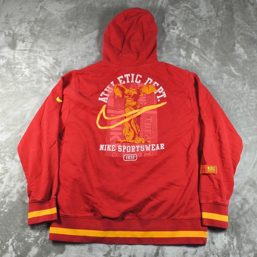 Nike Sportswear Hoodie Mens Large Red Embroidered Athletic Dept. Pullover Stripe